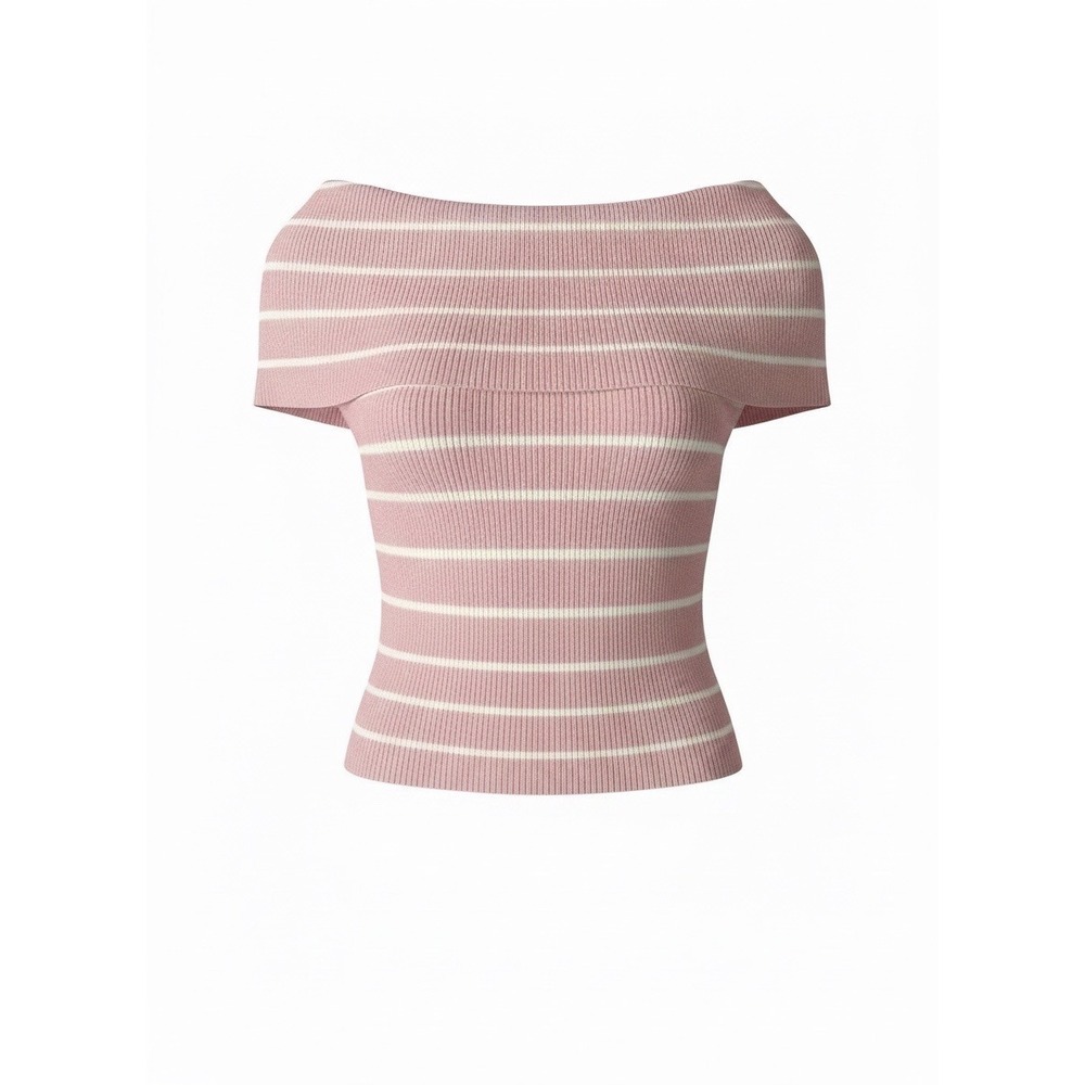 Active USA Pink White Striped Ribbed Off The Shoulder Soft Top NWT L - Picture 4 of 4